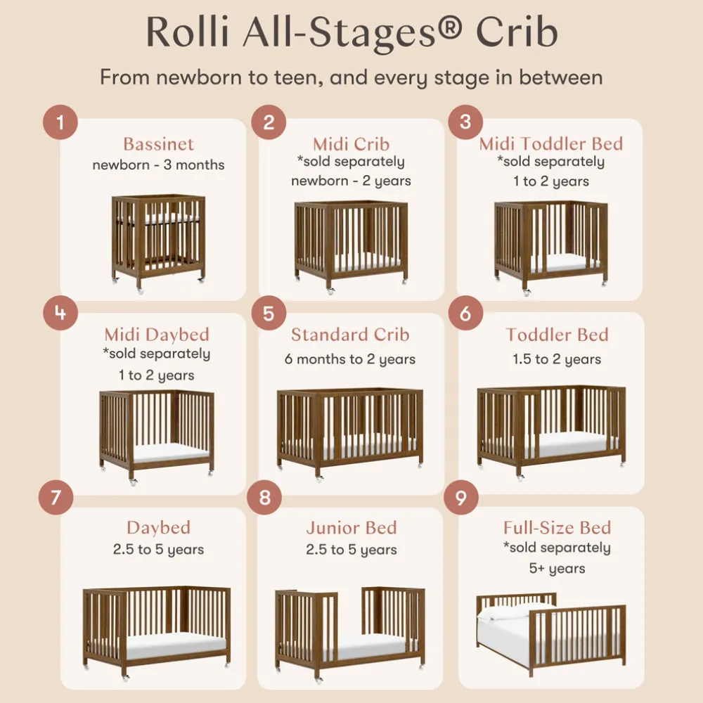 Rolli 9-in-1 Convertible All-Stages Crib with Bassinet & Toddler Bed Conversion Kits